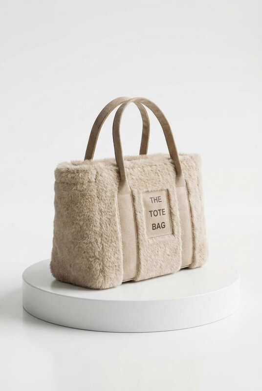 ÇNT-3002 Taş Rengi Kürklü Kumaş Yazı Detaylı El Ve Omuz Çantası - 2