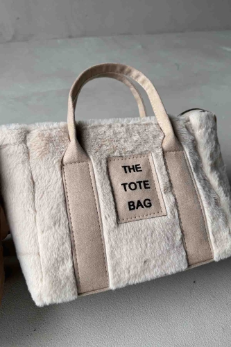 ÇNT-3002 Taş Rengi Peluş Kumaş Yazı Detaylı El Ve Omuz Çantası - Cappmoda