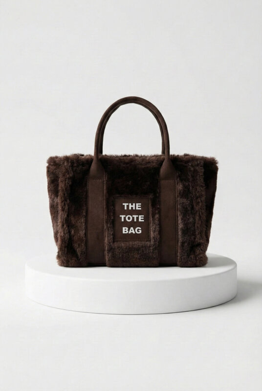 ÇNT-3002 Acı Kahve Kürklü Kumaş Yazı Detaylı El Ve Omuz Çantası - 1