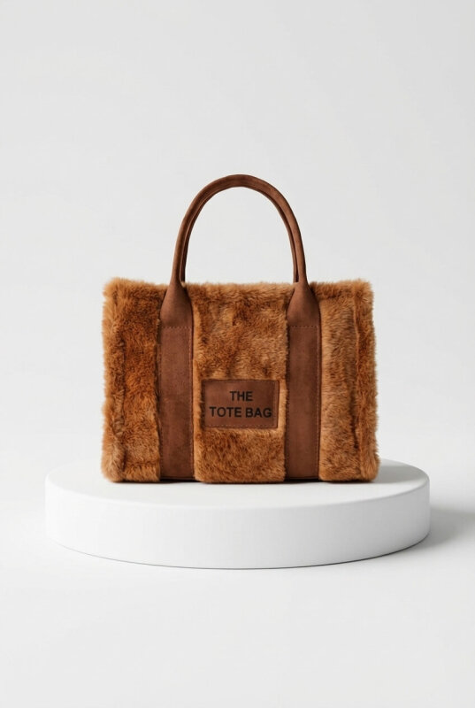 ÇNT-3002 Taba Kürklü Kumaş Yazı Detaylı El Ve Omuz Çantası - 1