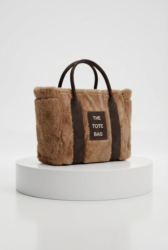 ÇNT-3002 Vizon-Kahve Kürklü Kumaş Yazı Detaylı El Ve Omuz Çantası - 1