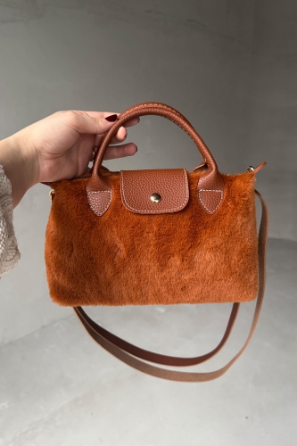 ÇNT-3011 Taba Kürklü Kumaş Kapaklı Mini Boy El ve Omuz Çantası - 1
