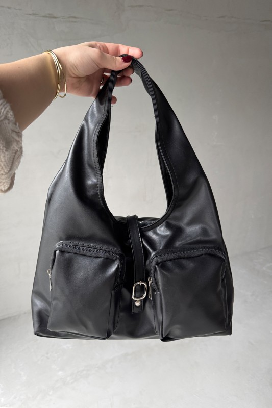 ÇNT-3012 Siyah Çok Gözlü Büyük Boy Yumuşak Suni Deri Omuz Çantası - 1
