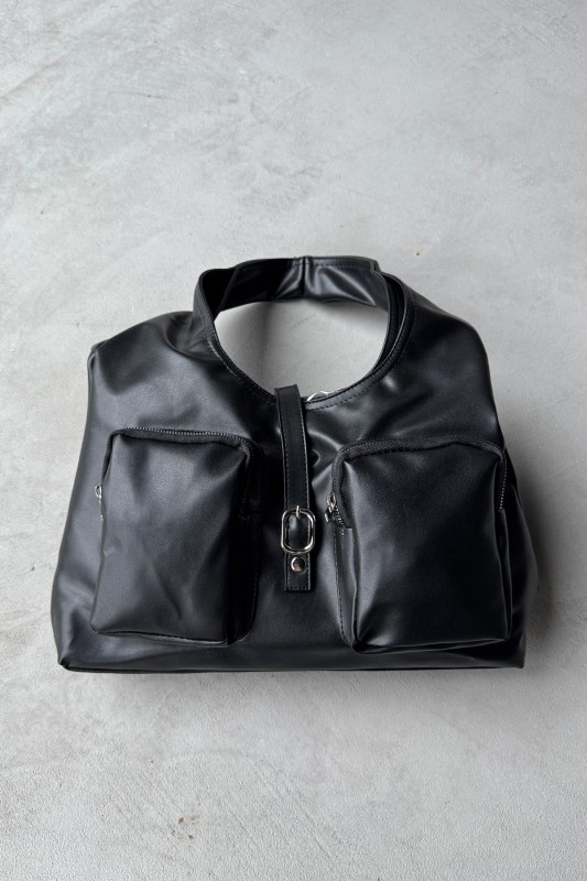 ÇNT-3012 Siyah Çok Gözlü Büyük Boy Yumuşak Suni Deri Omuz Çantası - 2