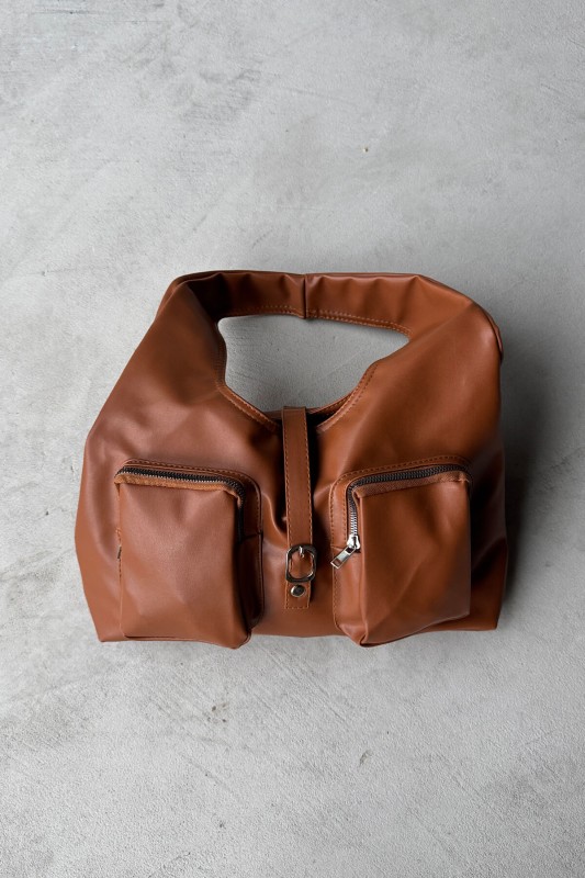 ÇNT-3012 Taba Çok Gözlü Büyük Boy Yumuşak Suni Deri Omuz Çantası - 2