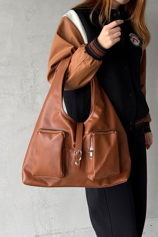 ÇNT-3012 Taba Çok Gözlü Büyük Boy Yumuşak Suni Deri Omuz Çantası - 1