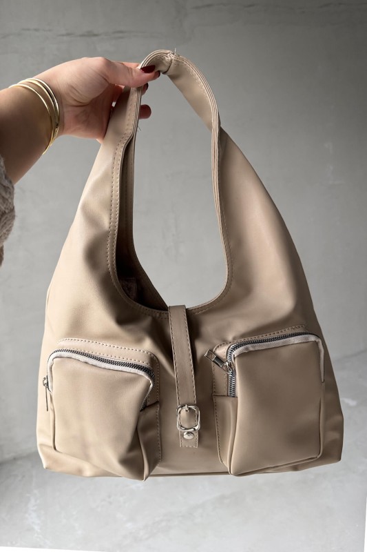 ÇNT-3012 Taş Rengi Çok Gözlü Büyük Boy Yumuşak Suni Deri Omuz Çantası - 1