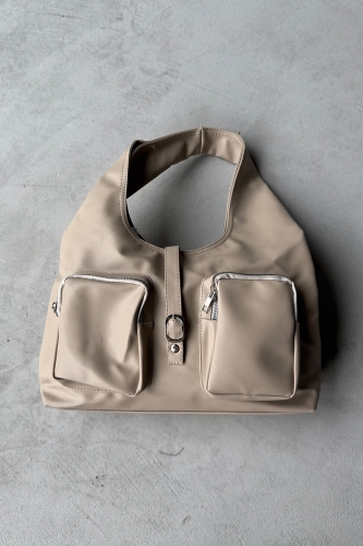 ÇNT-3012 Taş Rengi Çok Gözlü Büyük Boy Yumuşak Suni Deri Omuz Çantası - 2