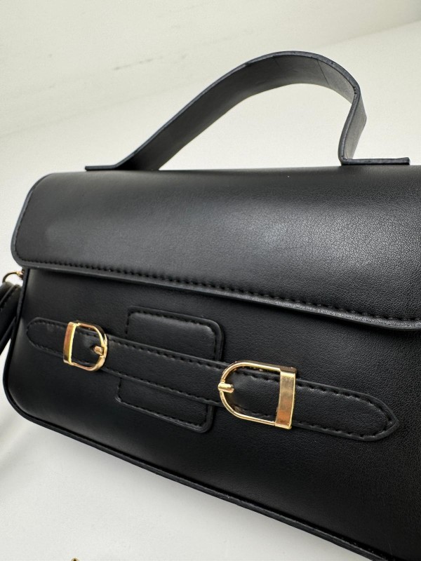 ÇNT-3015 Siyah Çift Toka Detaylı Crossbody Omuz Çantası - 2