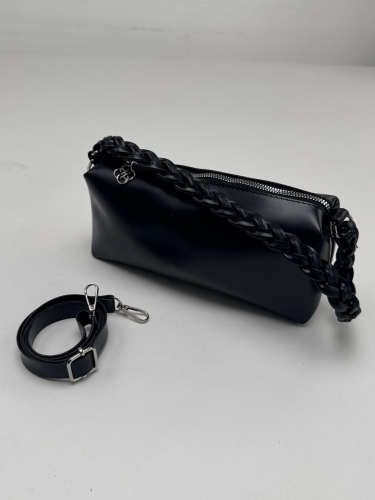 ÇNT-3017 Siyah Örgü Askı Detay Fermuarlı Suni Deri Crossbody Omuz Çantası - 3