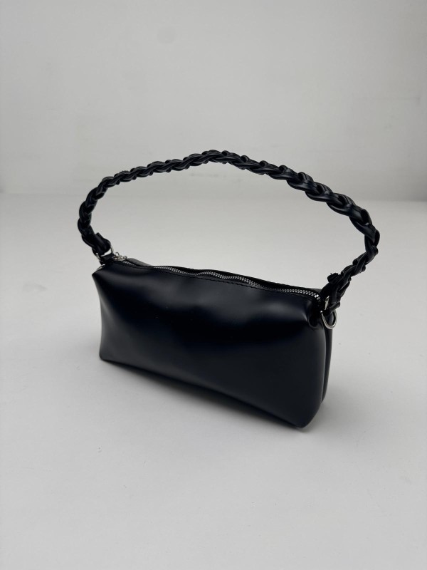 ÇNT-3017 Siyah Örgü Askı Detay Fermuarlı Suni Deri Crossbody Omuz Çantası - 4