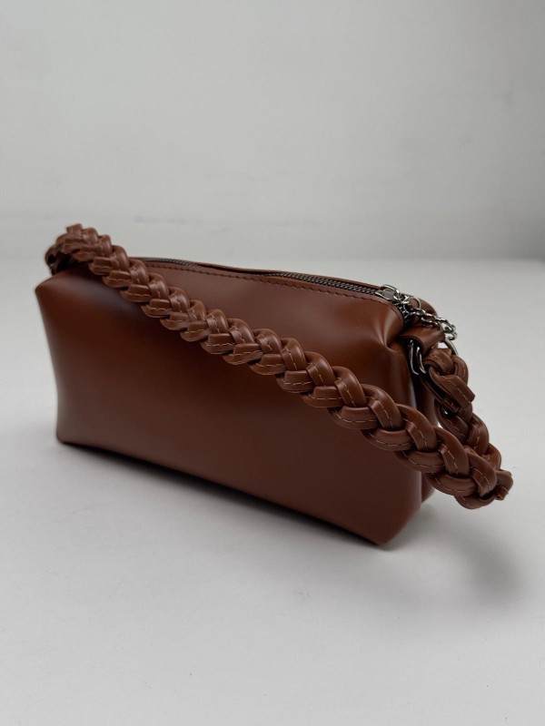 ÇNT-3017 Taba Örgü Askı Detay Fermuarlı Suni Deri Crossbody Omuz Çantası - 1