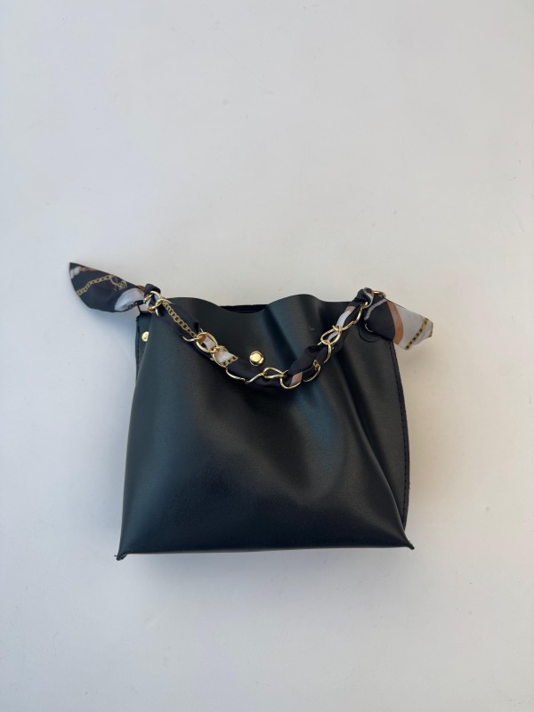 ÇNT-3031 Siyah Şal Detaylı Büzgülü Suni Deri Omuz Çantası - 2