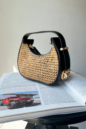 ÇNT-3034 Siyah Hasır Detaylı Mini Kol Çantası - 1