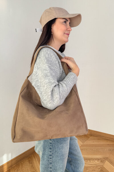 ÇNT-3038 Taş Rengi Süet MNG Muadil Model Fermuarlı Omuz Çantası - Cappmoda (1)