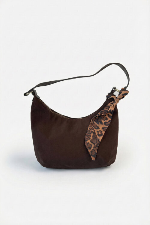 ÇNT-3039 Acı Kahve Süet Fular Detaylı Fermuarlı Omuz Çantası 