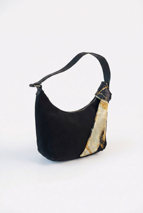 ÇNT-3039 Siyah Süet Fular Detaylı Fermuarlı Omuz Çantası 