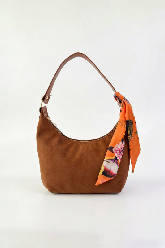 ÇNT-3039 Taba Süet Fular Detaylı Fermuarlı Omuz Çantası - 1