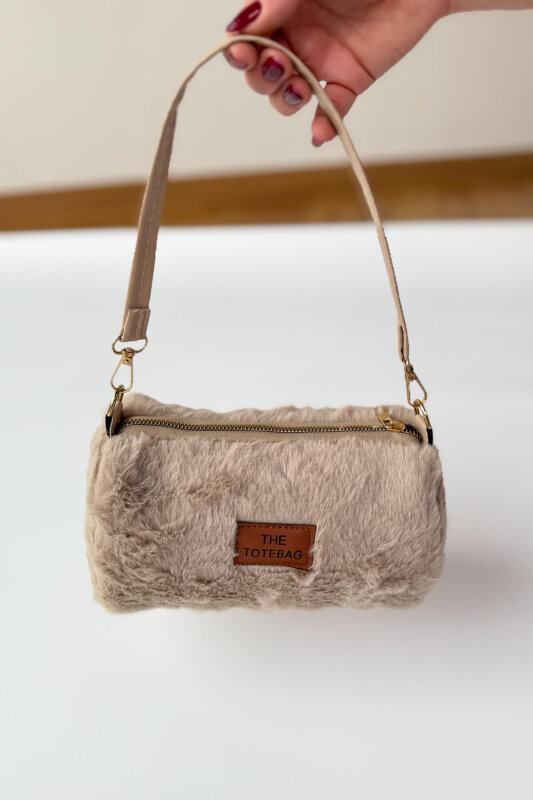 ÇNT-3040 Taş Rengi Silindir Kürklü Çanta - 1