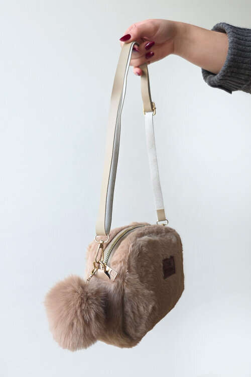ÇNT-3042 Bej Peluş Anahtarlık Detaylı Kürklü Omuz Çantası - 2
