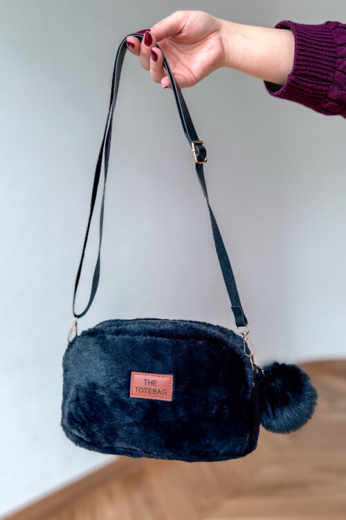 ÇNT-3042 Siyah Peluş Anahtarlık Detaylı Kürklü Omuz Çantası
