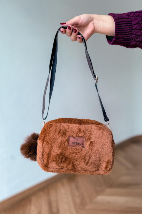 ÇNT-3042 Taba Peluş Anahtarlık Detaylı Kürklü Omuz Çantası