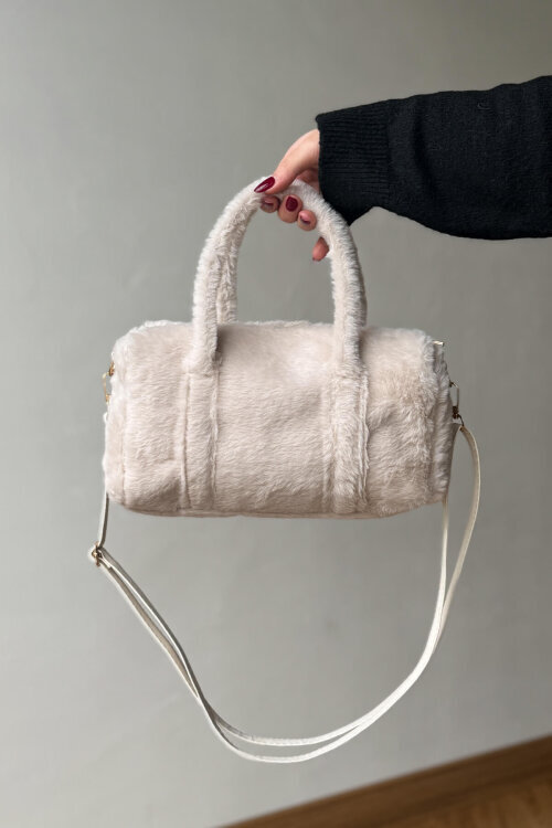 ÇNT-3044 Taş Rengi Yumuşak Dokulu Kürklü Uzun Omuz Çantası 