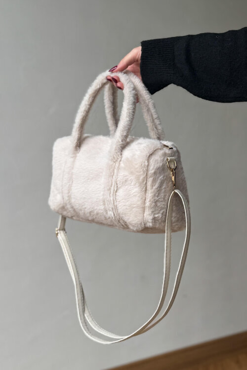 ÇNT-3044 Taş Rengi Yumuşak Dokulu Kürklü Uzun Omuz Çantası - 2