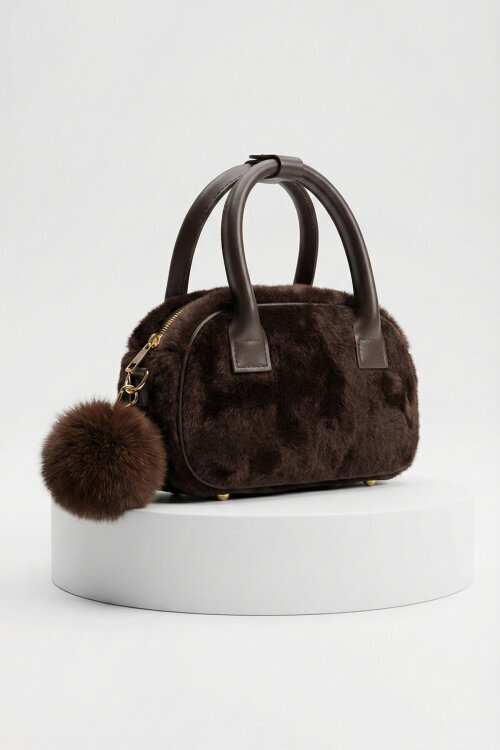 ÇNT-3046 Acı Kahve Peluş Ponponlu El ve Omuz Çantası