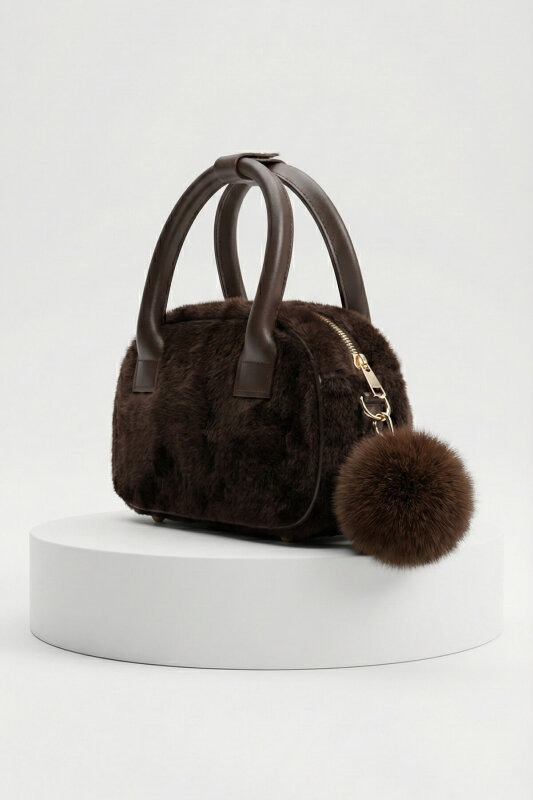 ÇNT-3046 Acı Kahve Peluş Ponponlu El ve Omuz Çantası - 2