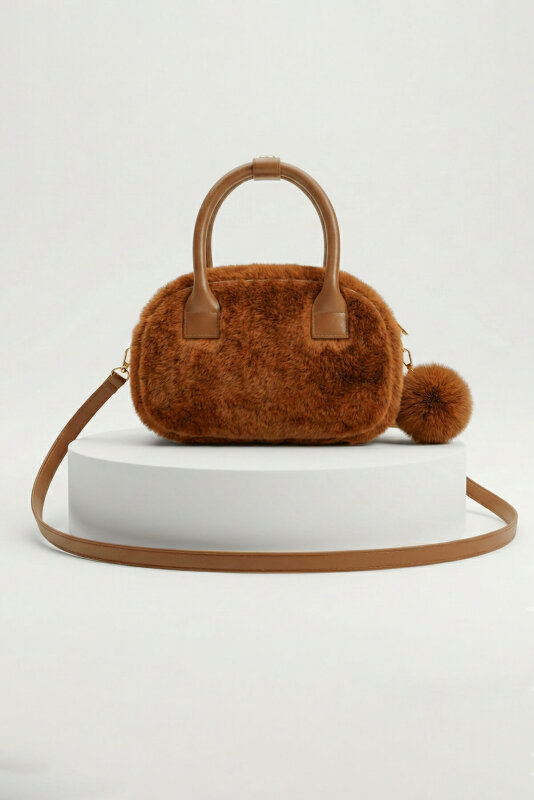 ÇNT-3046 Taba Peluş Ponponlu El ve Omuz Çantası - 1