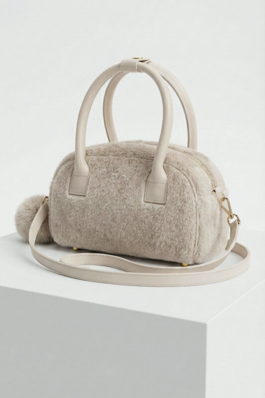 ÇNT-3046 Taş Rengi Peluş Ponponlu El ve Omuz Çantası - 2