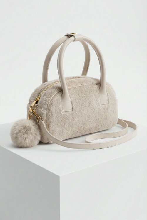 ÇNT-3046 Taş Rengi Peluş Ponponlu El ve Omuz Çantası