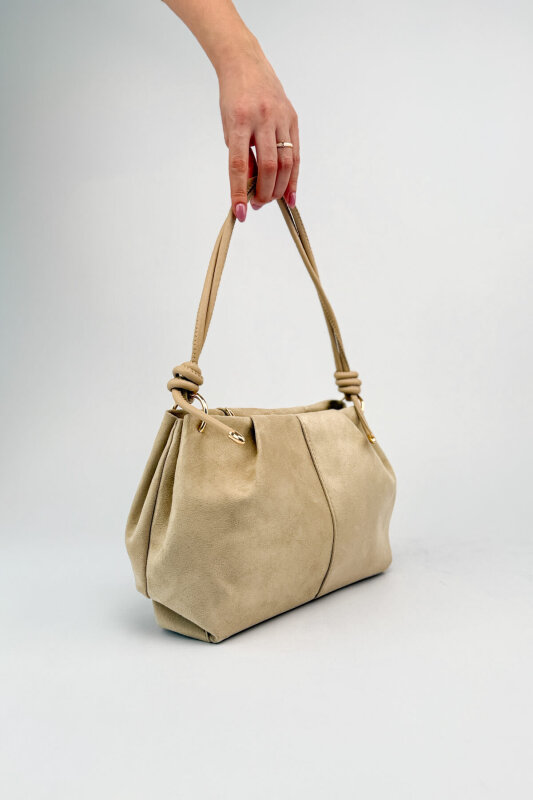 ÇNT-3047 Bej Süet Dokulu Düğüm Detaylı Omuz Çantası - 2