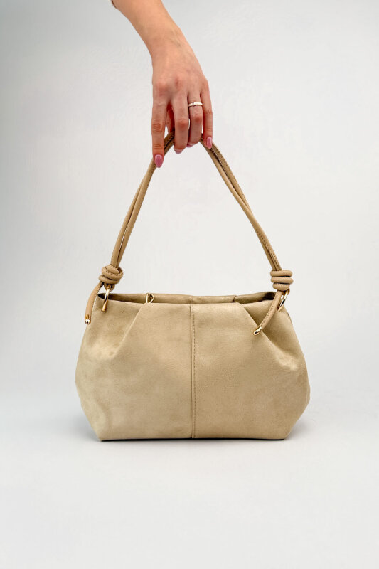 ÇNT-3047 Bej Süet Dokulu Düğüm Detaylı Omuz Çantası - 1