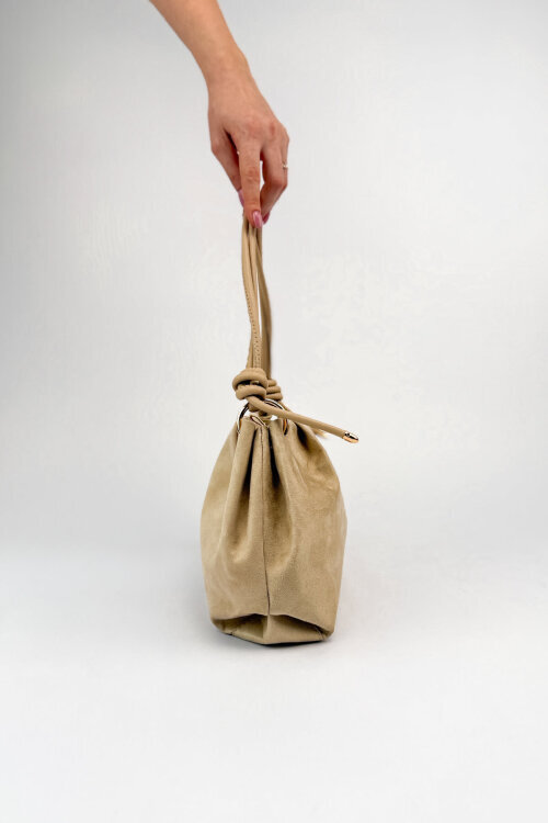 ÇNT-3047 Bej Süet Dokulu Düğüm Detaylı Omuz Çantası - 3