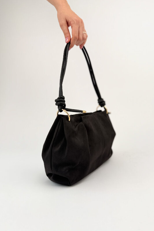 ÇNT-3047 Siyah Süet Dokulu Düğüm Detaylı Omuz Çantası - 5