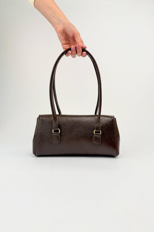 ÇNT-3049 Acı Kahve Suni Deri Vintage Gold Kilitli Siyah Baget Çanta - 3