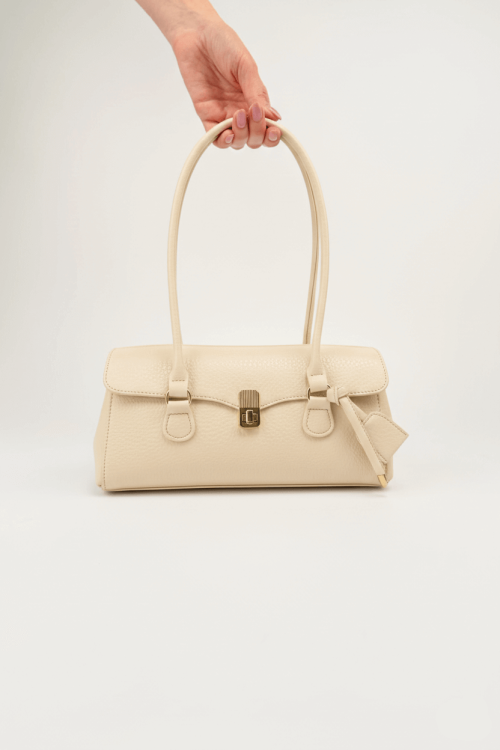 ÇNT-3049 Bej Suni Deri Vintage Gold Kilitli Siyah Baget Çanta - 1