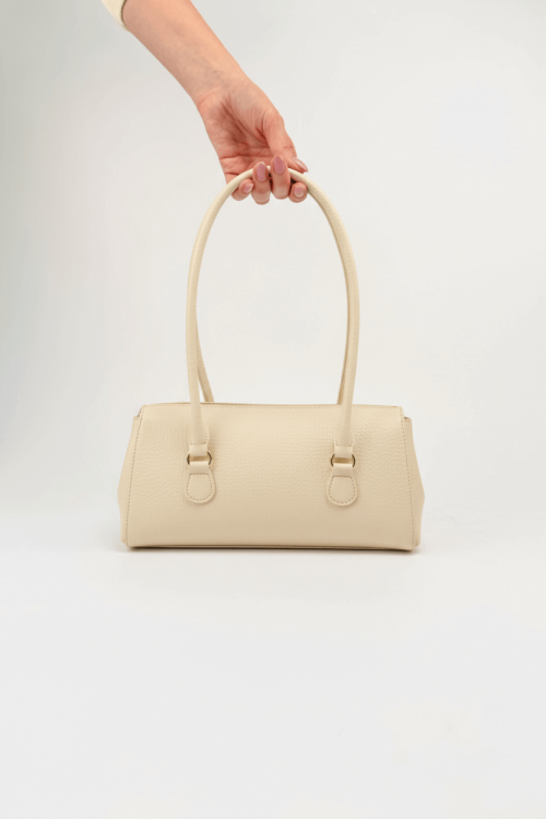 ÇNT-3049 Bej Suni Deri Vintage Gold Kilitli Siyah Baget Çanta - 3