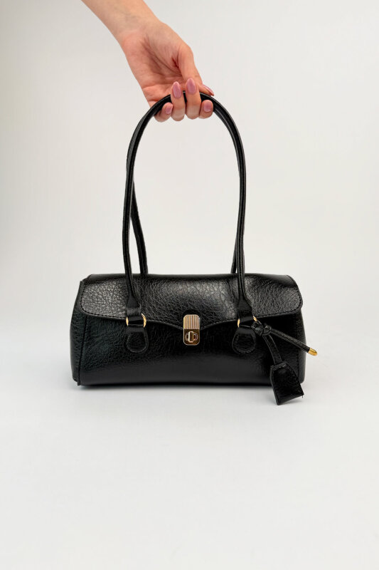 ÇNT-3049 Siyah Suni Deri Vintage Gold Kilitli Siyah Baget Çanta - 1