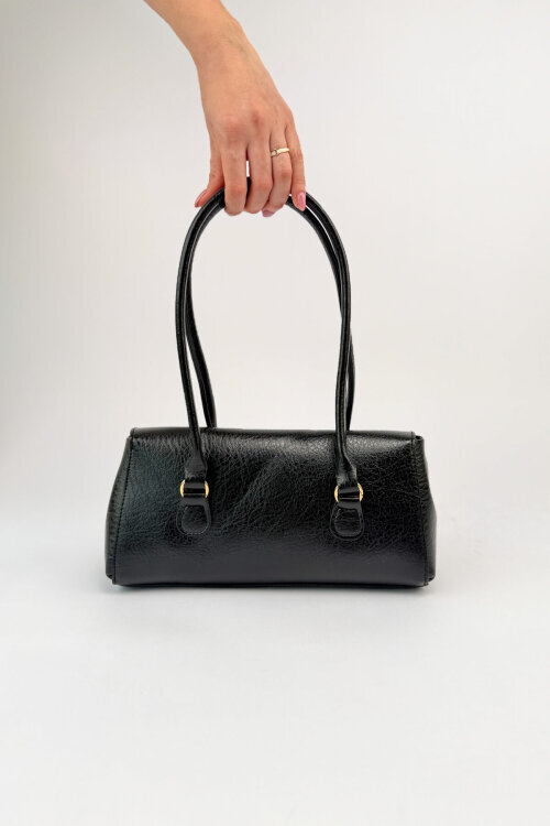 ÇNT-3049 Siyah Suni Deri Vintage Gold Kilitli Siyah Baget Çanta - 3