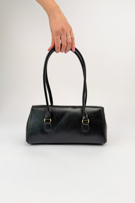 ÇNT-3049 Siyah Suni Deri Vintage Gold Kilitli Siyah Baget Çanta - 3