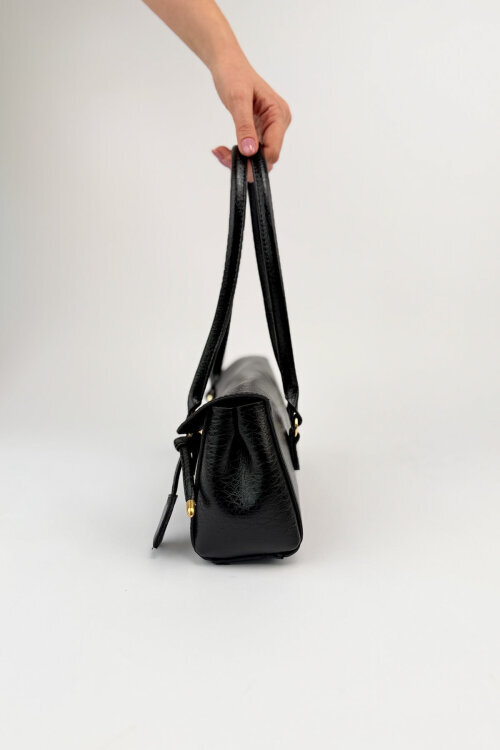 ÇNT-3049 Siyah Suni Deri Vintage Gold Kilitli Siyah Baget Çanta - 4