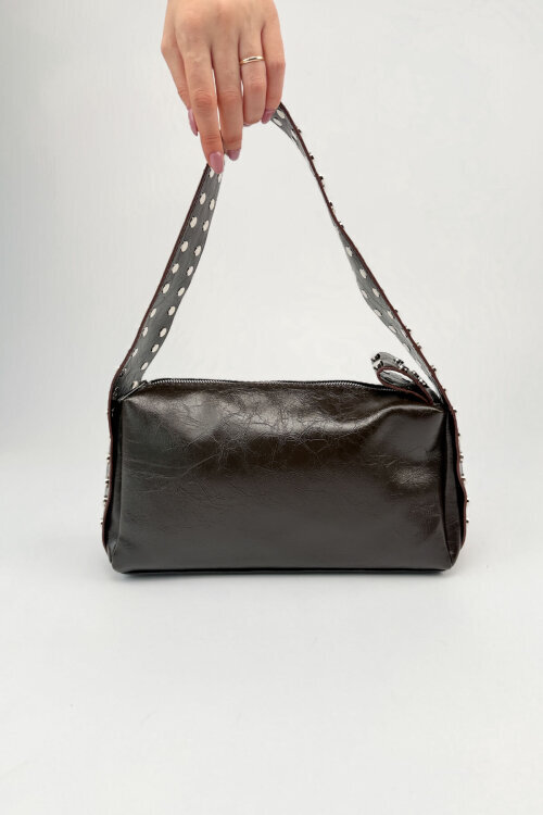 ÇNT-3050 Acı Kahve Suni Deri Gümüş Zımba Detaylı Omuz Çantası - 6