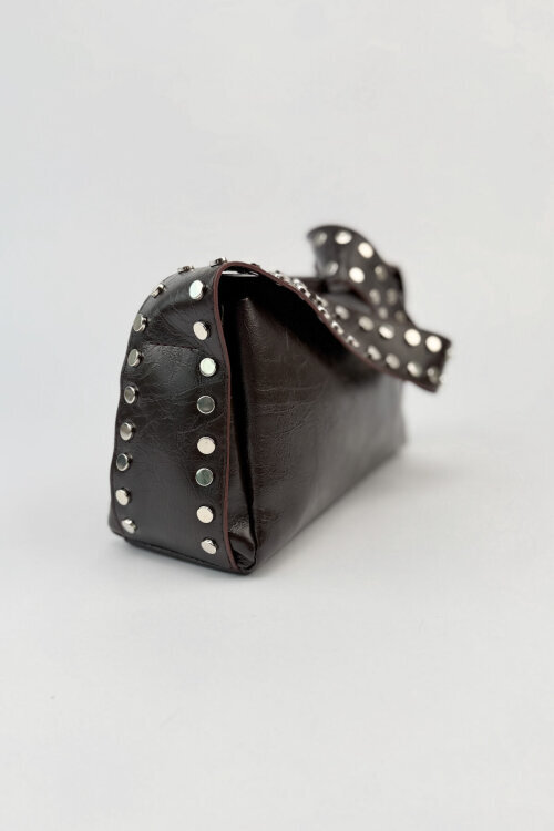 ÇNT-3050 Acı Kahve Suni Deri Gümüş Zımba Detaylı Omuz Çantası - 3