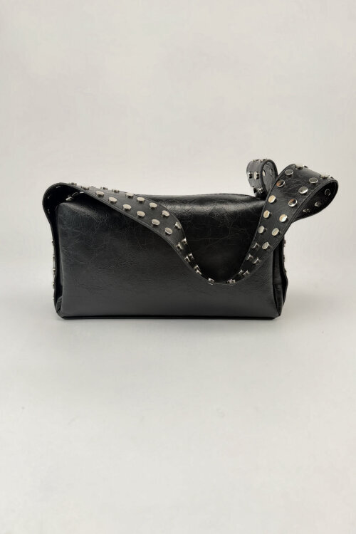 ÇNT-3050 Siyah Suni Deri Gümüş Zımba Detaylı Omuz Çantası - 3