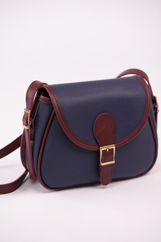 ÇNT-3055 Lacivert Bordo Kemer Tokalı Kapaklı Omuz Çantası - 2