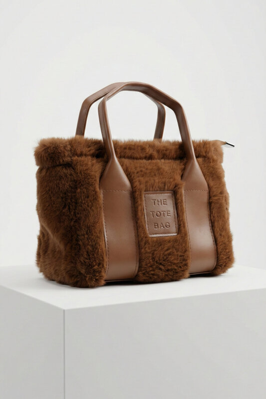 ÇNT-3057 Taba Peluş Mini Tote El ve Omuz Çantası - 1