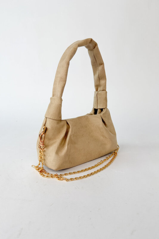 ÇNT-3059 Bej Modern Büzgü Detaylı Süet Dokulu Omuz Çantası - 2